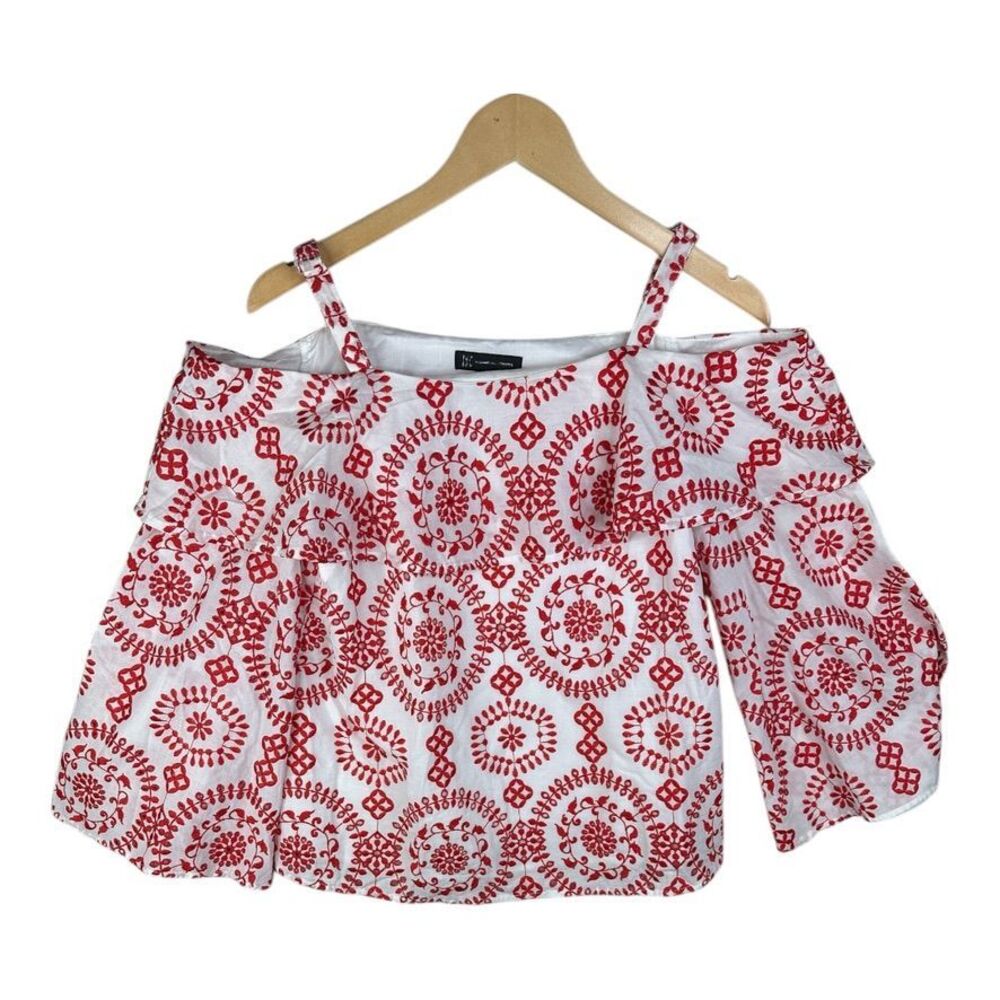 NWT INC Cold Shoulder Top White Eyelet Red Embroidery Ruffle 3/4 Bell Sleeves XS